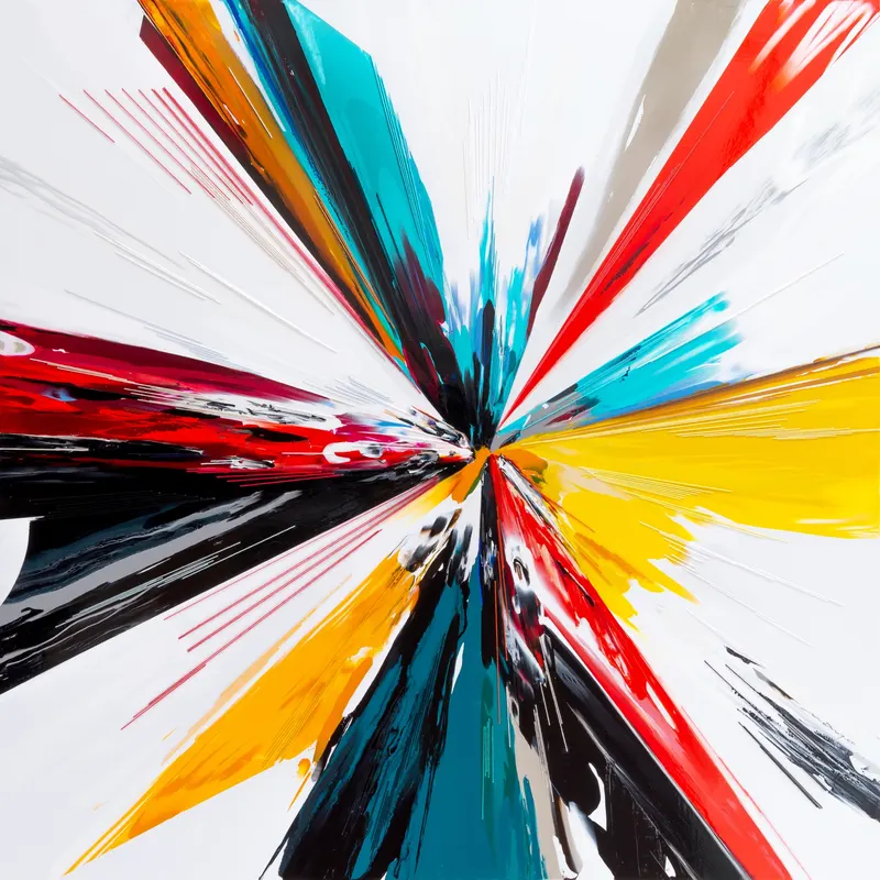 Minseok Kang, Endless Force XXVIII (2022) — A distorted, deconstructed car amid explosive colors and lines, Mixed Media Acrylic Thread