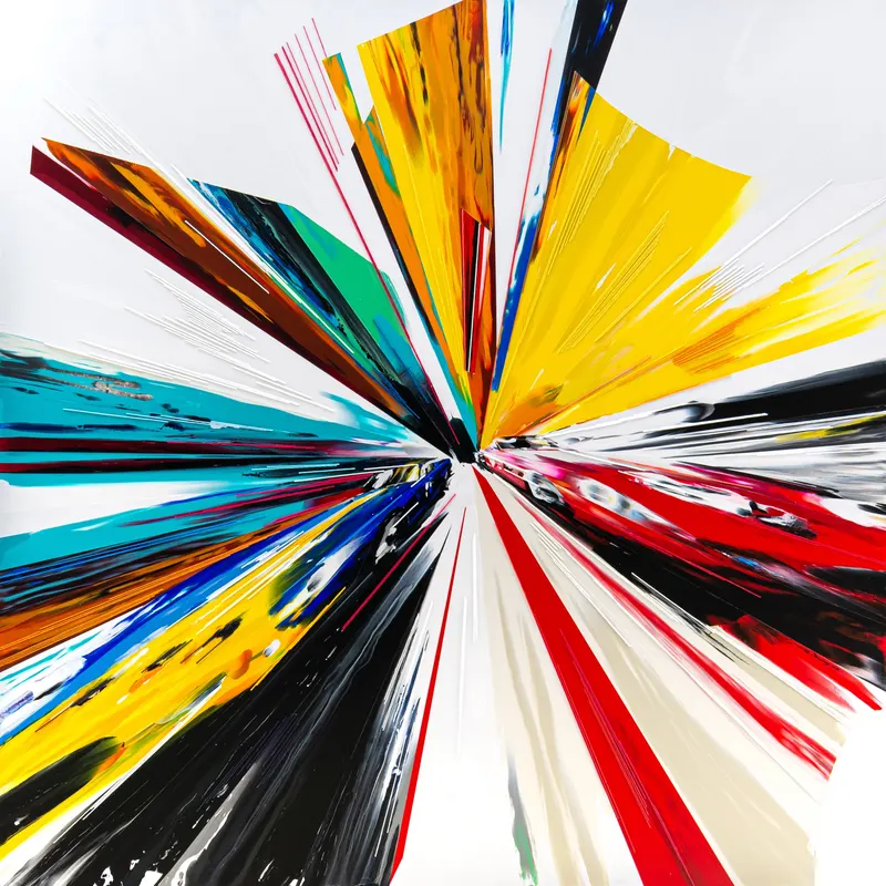 Minseok Kang, Endless Force XXX (2022) — A distorted, deconstructed car amid explosive colors and lines, Mixed Media Acrylic Thread