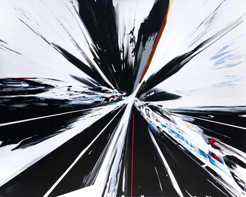 Minseok Kang, Endless Force XXXI (2022) — A distorted, deconstructed car amid explosive colors and lines, Acrylic on Canvas