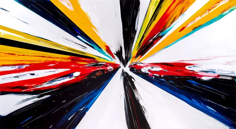 Minseok Kang, Endless Force XXXII (2023) — A distorted, deconstructed car amid explosive colors and lines, Acrylic on Canvas