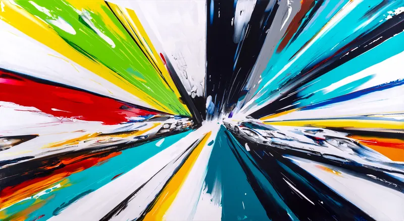 Minseok Kang, Endless Force XXXIII (2023) — A distorted, deconstructed car amid explosive colors and lines, Acrylic on Canvas