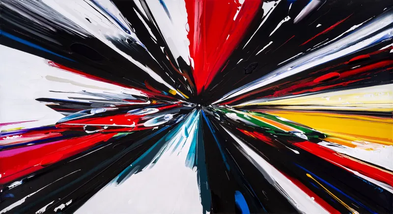 Minseok Kang, Endless Force XXXIV (2023) — A distorted, deconstructed car amid explosive colors and lines, Acrylic on Canvas