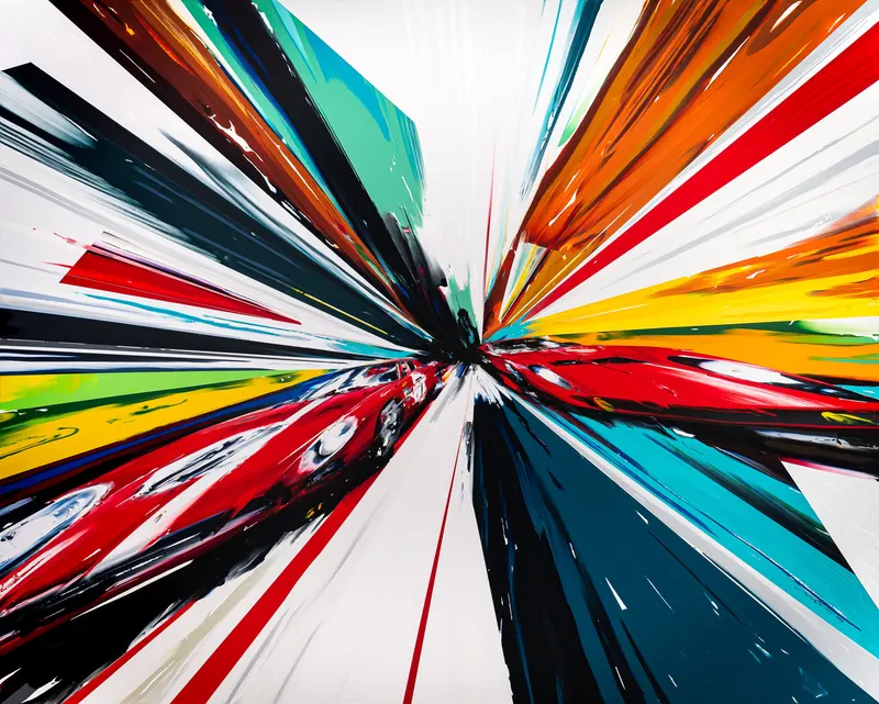 Minseok Kang, Endless Force XXXV (2023) — A distorted, deconstructed car amid explosive colors and lines, Acrylic on Canvas