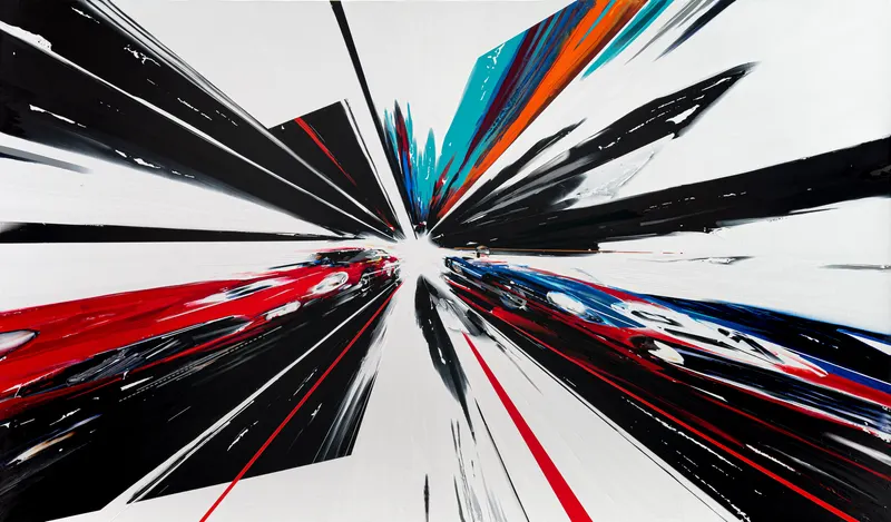 Minseok Kang, Endless Force XXXVI (2023) — A distorted, deconstructed car amid explosive colors and lines, Acrylic on Canvas