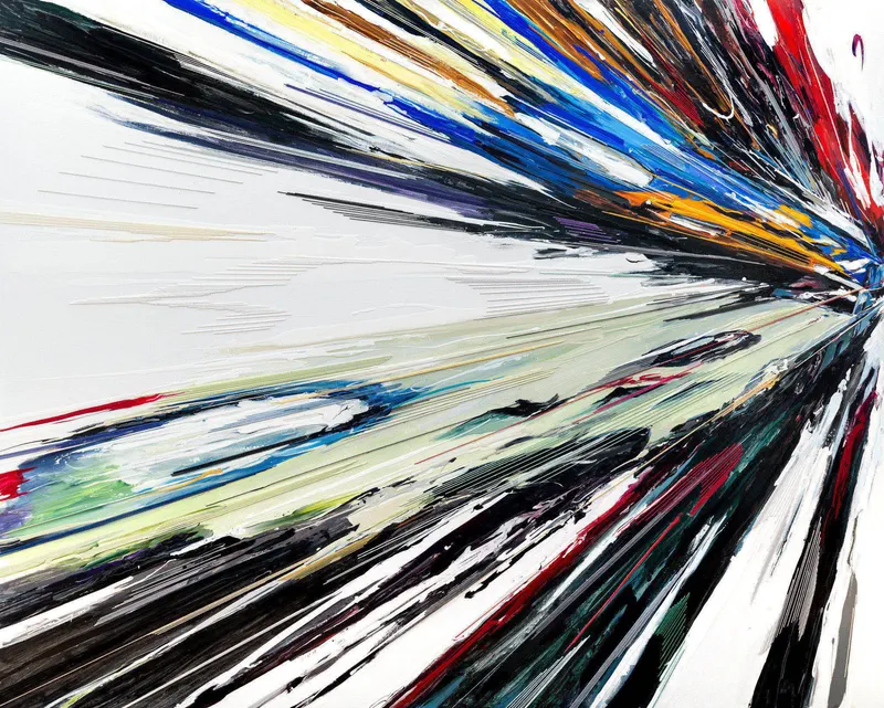 Minseok Kang, Butterfly II (2021) — A distorted, deconstructed car amid explosive colors and lines, Mixed Media Acrylic Thread