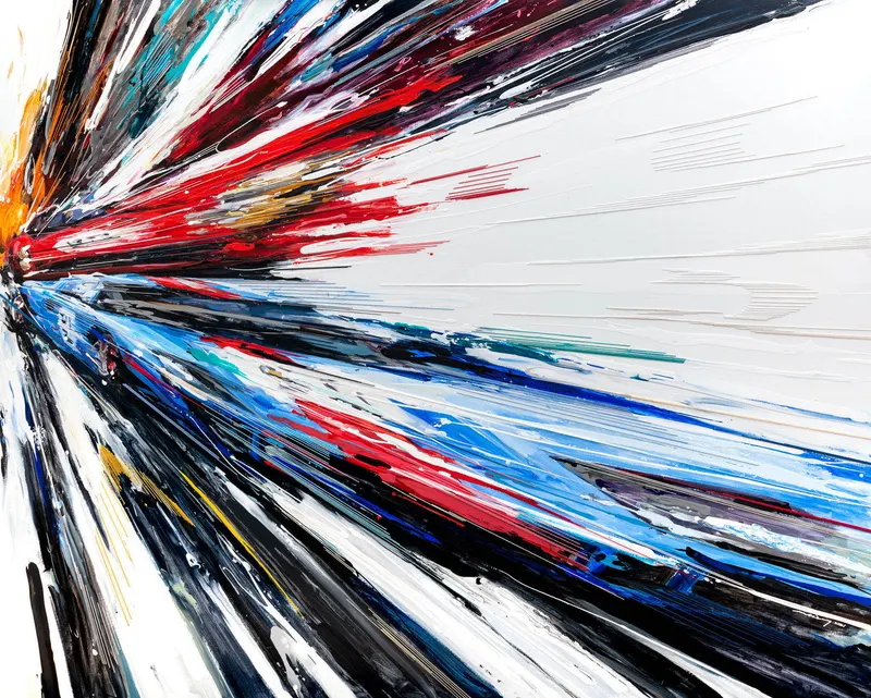 Minseok Kang, Butterfly III (2021) — A distorted, deconstructed car amid explosive colors and lines, Mixed Media Acrylic Thread