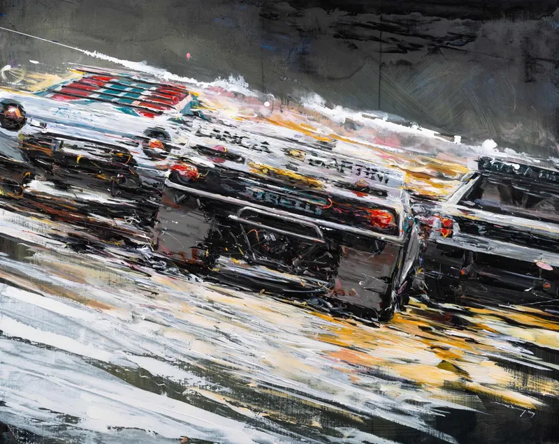Minseok Kang, Competition VI (2019) — A distorted, deconstructed car amid explosive colors and lines, Acrylic on Canvas