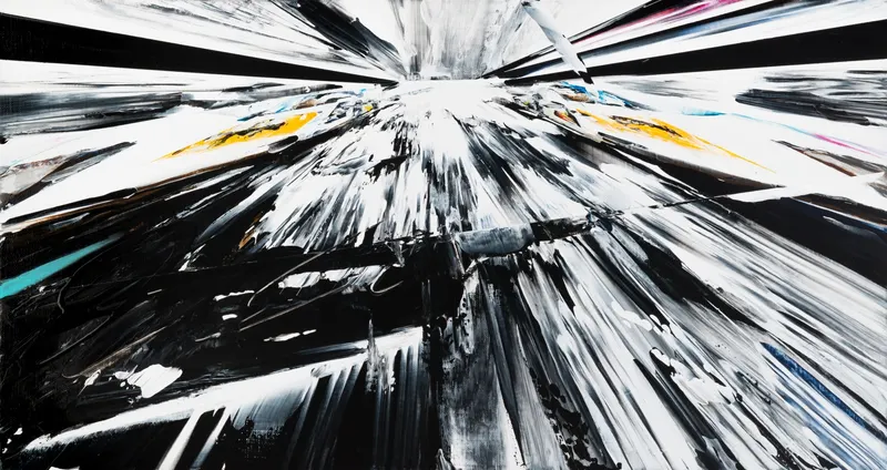 Minseok Kang, Endless Force XXXVIII (2024) — A distorted, deconstructed car amid explosive colors and lines, Acrylic on Canvas