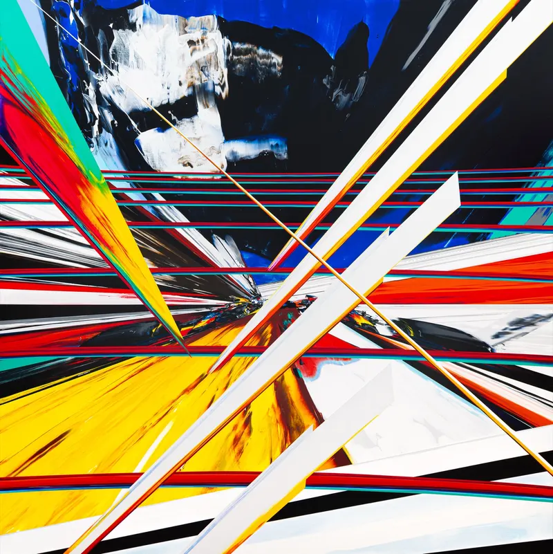 Minseok Kang, Endless Impact D09 (2025) — Scraped and pushed-away paint traces around a distorted car form, Acrylic on Canvas