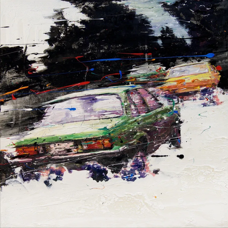 Minseok Kang, Energy NO.7 (2015) — A car racing across rapid brushwork and thick layers of paint, Mixed Media