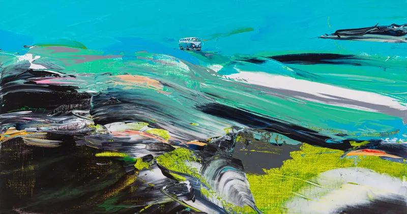 Minseok Kang, Paint Desert #02 (2023) — A green desert pushed out with a squeegee, with a small car, Acrylic on Canvas