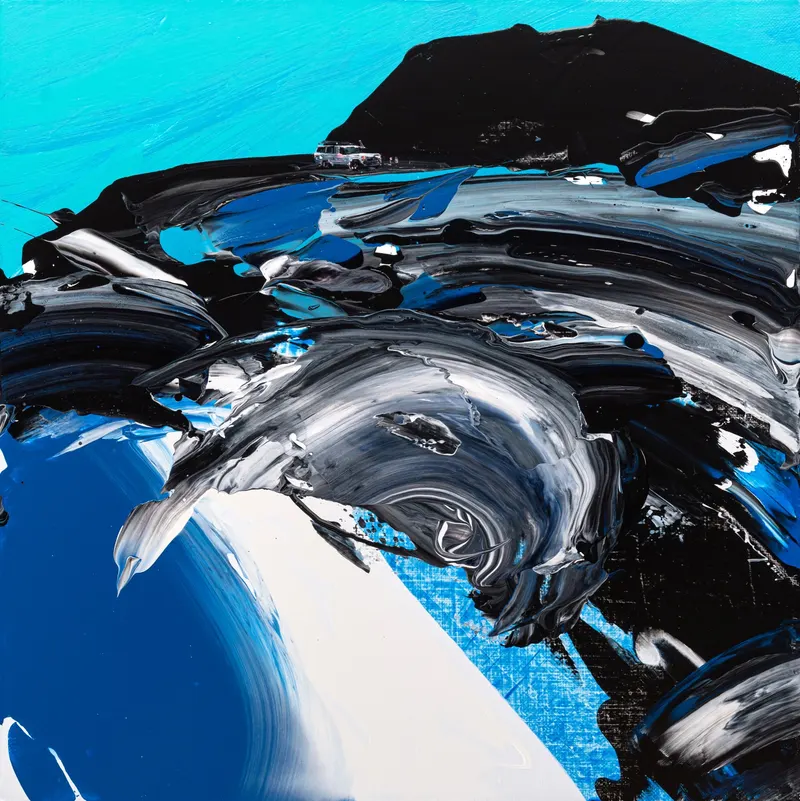 Minseok Kang, Paint Desert #03 (2023) — A green desert pushed out with a squeegee, with a small car, Acrylic on Canvas