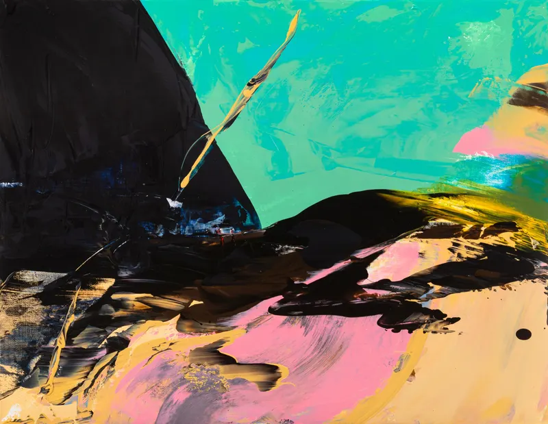 Minseok Kang, Paint Desert #04 (2023) — A green desert pushed out with a squeegee, with a small car, Acrylic on Canvas