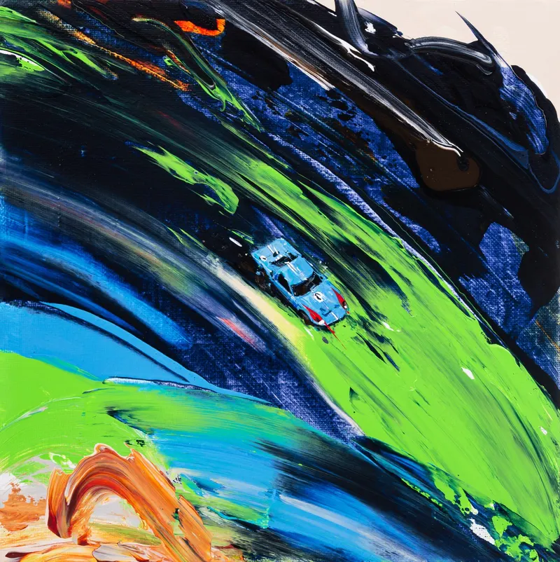 Minseok Kang, Paint Desert #05 (2023) — A green desert pushed out with a squeegee, with a small car, Acrylic on Canvas