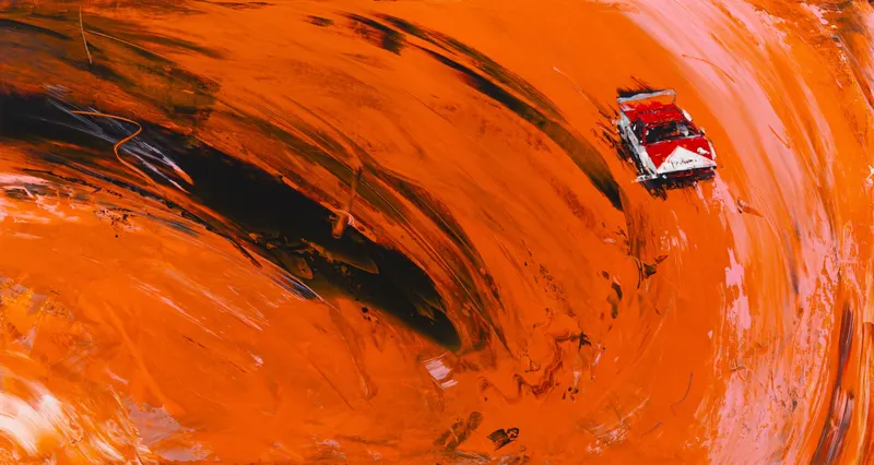 Minseok Kang, Paint Desert #06 (2023) — A green desert pushed out with a squeegee, with a small car, Acrylic on Canvas