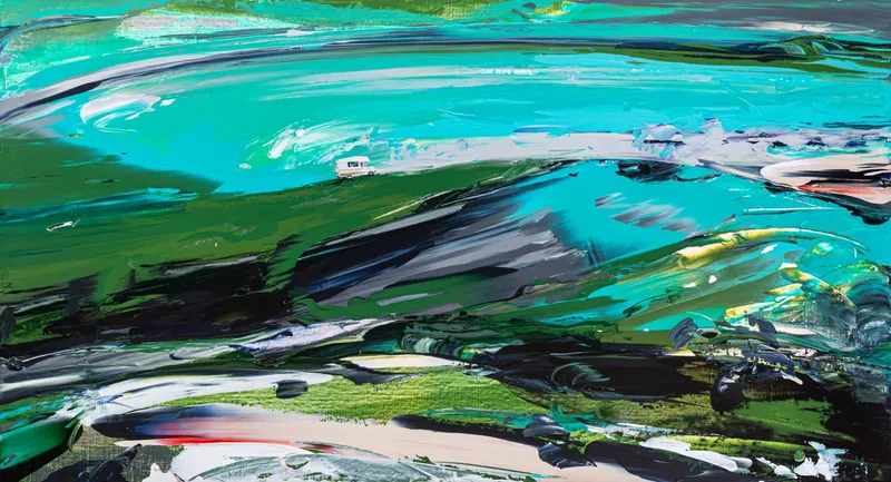Minseok Kang, Paint Desert #08 (2024) — A green desert pushed out with a squeegee, with a small car, Acrylic on Canvas