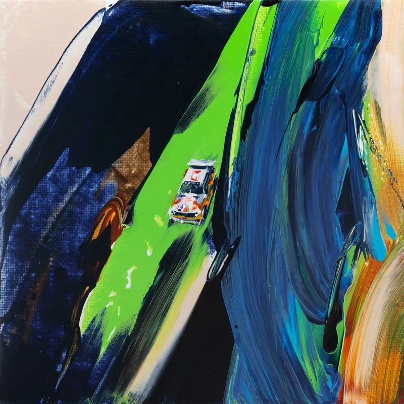 Minseok Kang, Paint Desert #09 (2024) — A green desert pushed out with a squeegee, with a small car, Acrylic on Canvas