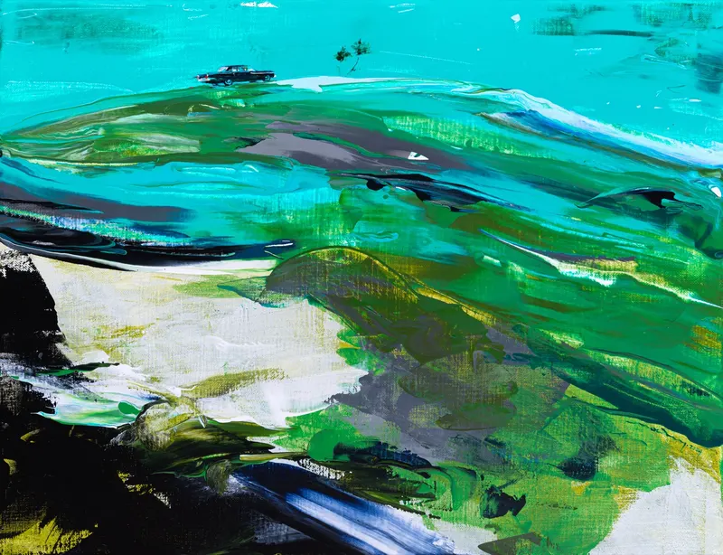 Minseok Kang, Paint Desert #10 (2024) — A green desert pushed out with a squeegee, with a small car, Acrylic on Canvas