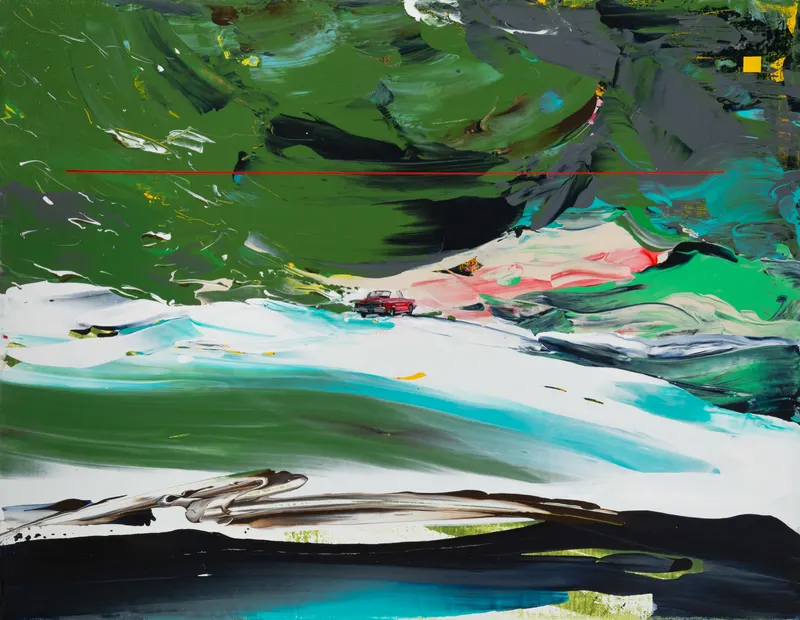 Minseok Kang, Paint Desert #15 (2024) — A green desert pushed out with a squeegee, with a small car, Acrylic on Canvas