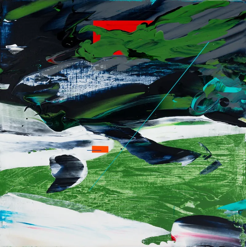 Minseok Kang, Paint Desert #17 (2024) — A green desert pushed out with a squeegee, with a small car, Acrylic on Canvas