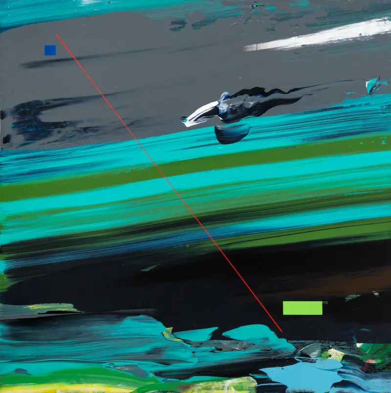 Minseok Kang, Paint Desert #18 (2024) — A green desert pushed out with a squeegee, with a small car, Acrylic on Canvas