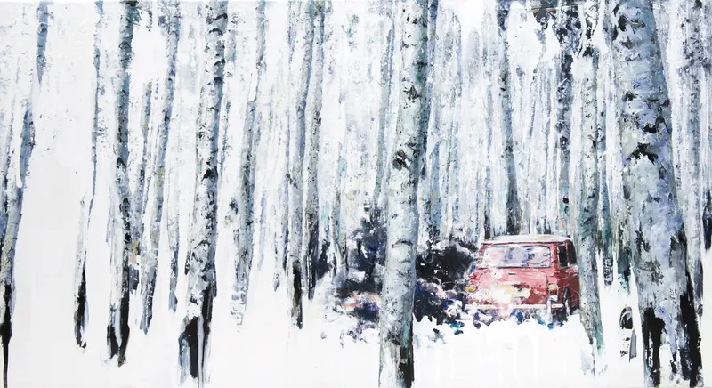 Minseok Kang, Stray Racer NO.6 (2015) — A fragmented car within thick texture and dynamic brushwork, Mixed Media