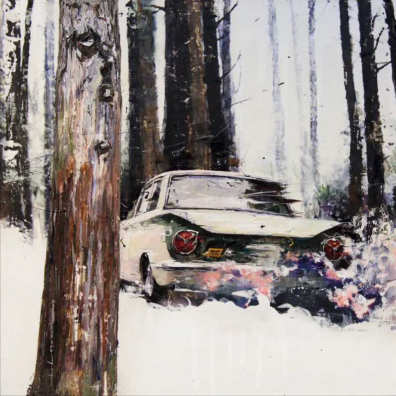 Minseok Kang, Stray Racer NO.9 (2015) — A fragmented car within thick texture and dynamic brushwork, Mixed Media
