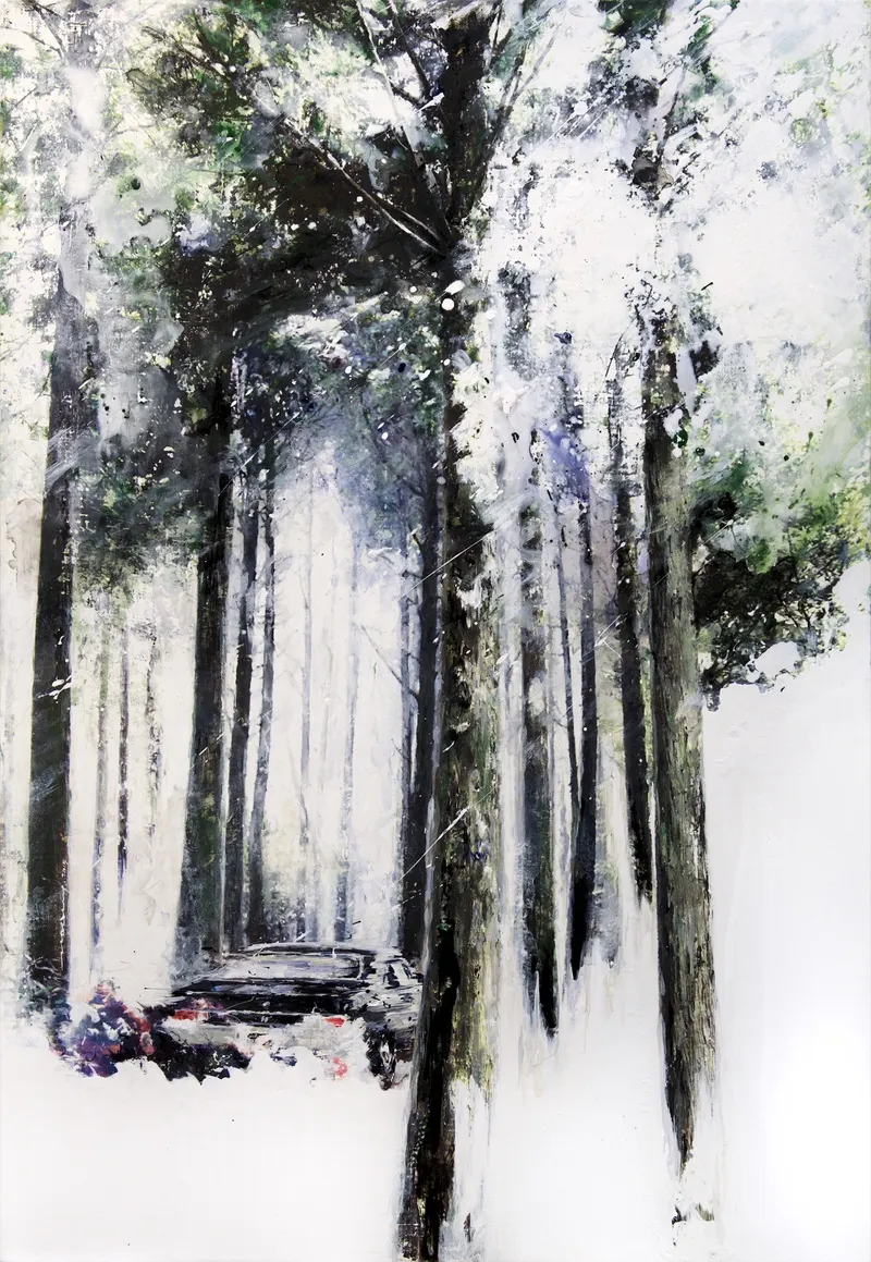 Minseok Kang, Stray Racer NO.11 (2015) — A fragmented car within thick texture and dynamic brushwork, Mixed Media