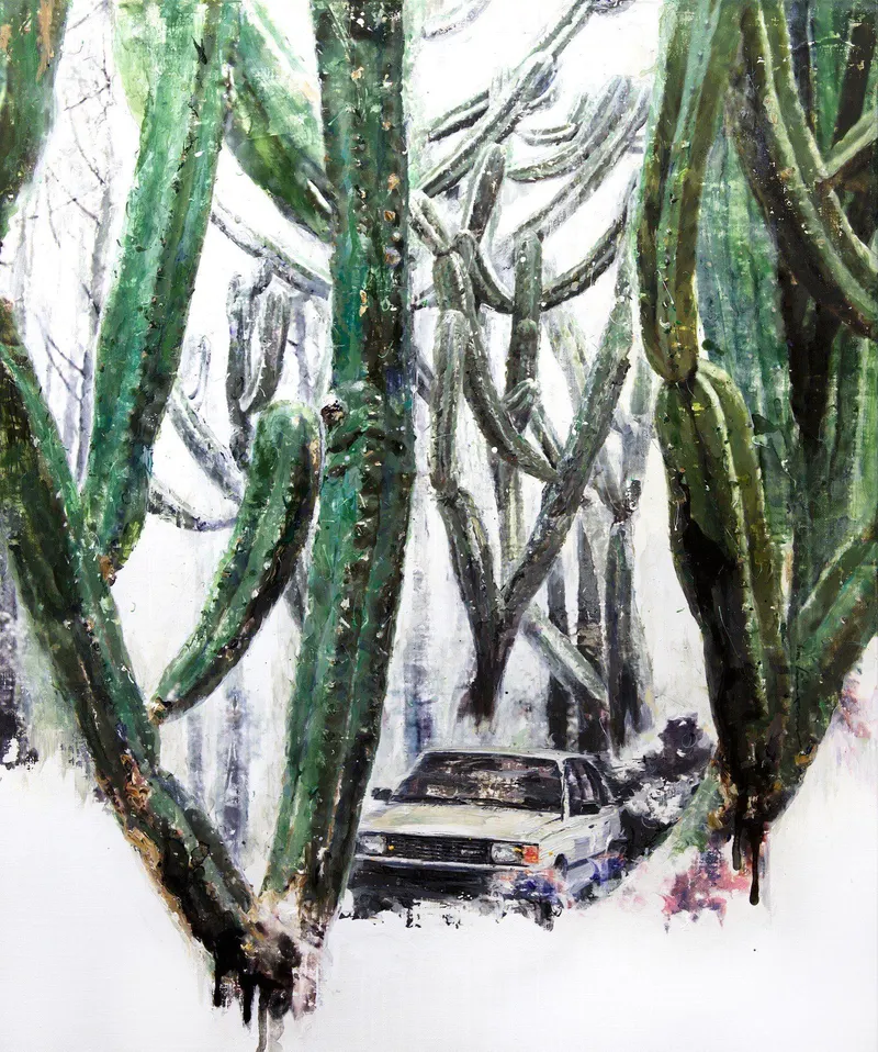 Minseok Kang, Stray Racer NO.12 (2015) — A fragmented car within thick texture and dynamic brushwork, Mixed Media