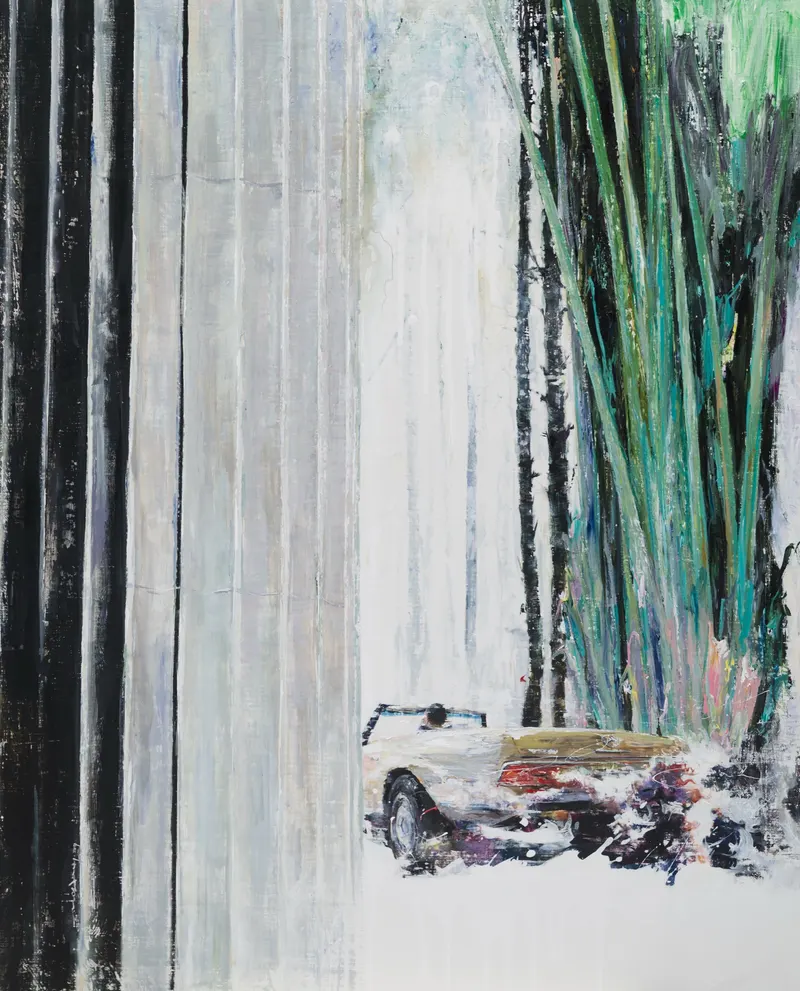 Minseok Kang, Stray Racer NO.15 (2017) — A fragmented car within thick texture and dynamic brushwork, Mixed Media