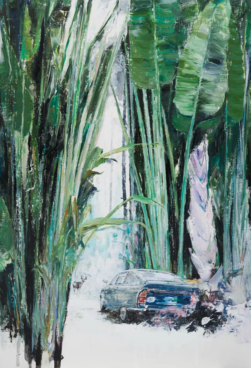 Minseok Kang, Stray Racer NO.16 (2017) — A fragmented car within thick texture and dynamic brushwork, Mixed Media