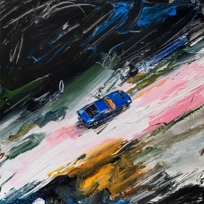 강민석 Minseok Kang, Sway in the Wind I (2020) — 어두워진 숲과 바람에 요동치는 풀잎 사이의 레이서, Acrylic on Canvas