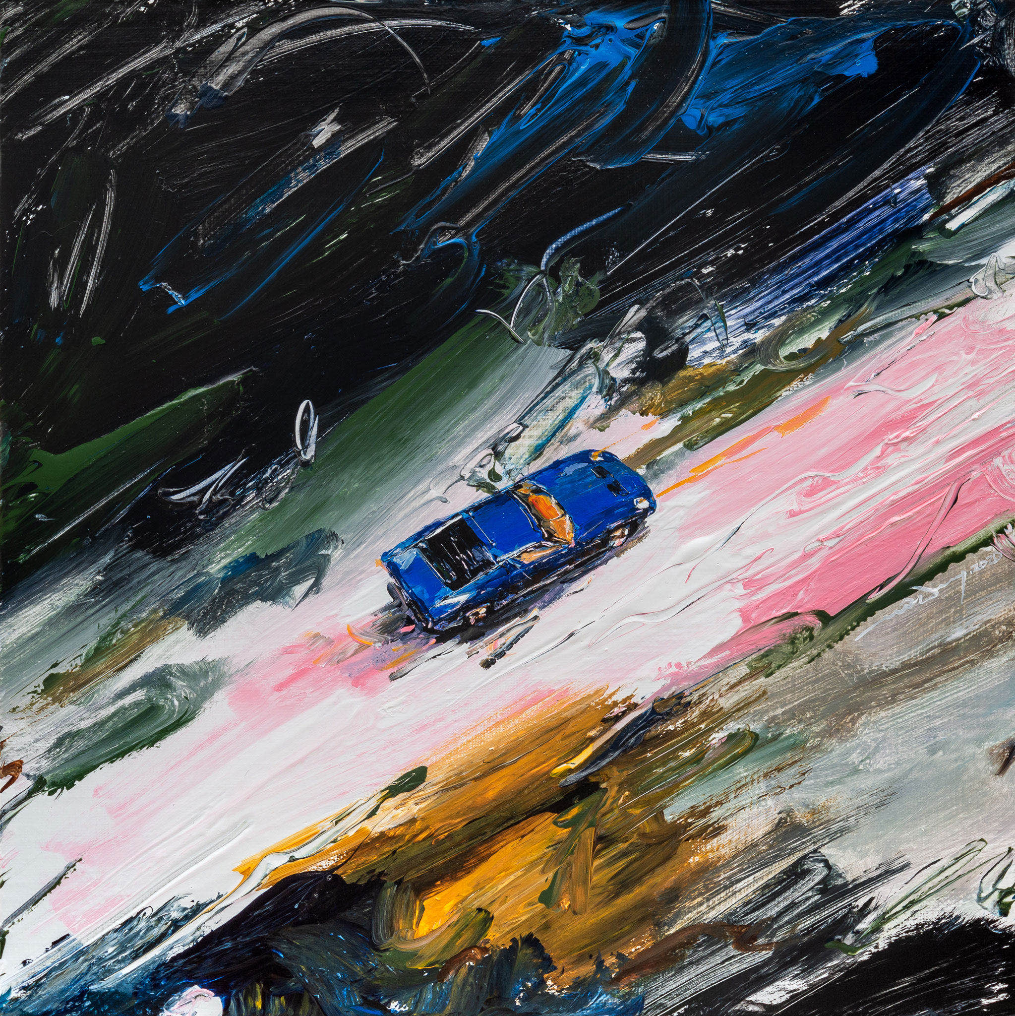 Minseok Kang 강민석 Sway in the Wind I 바람에 흔들리다 33.5×33.5cm Acrylic on Canvas 2020 Korean contemporary art automotive fine art 바람에 흔들리다 Sway in the Wind forest car painting