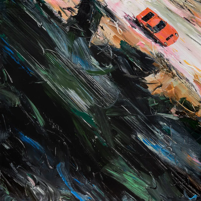 강민석 Minseok Kang, Sway in the Wind II (2020) — 어두워진 숲과 바람에 요동치는 풀잎 사이의 레이서, Acrylic on Canvas
