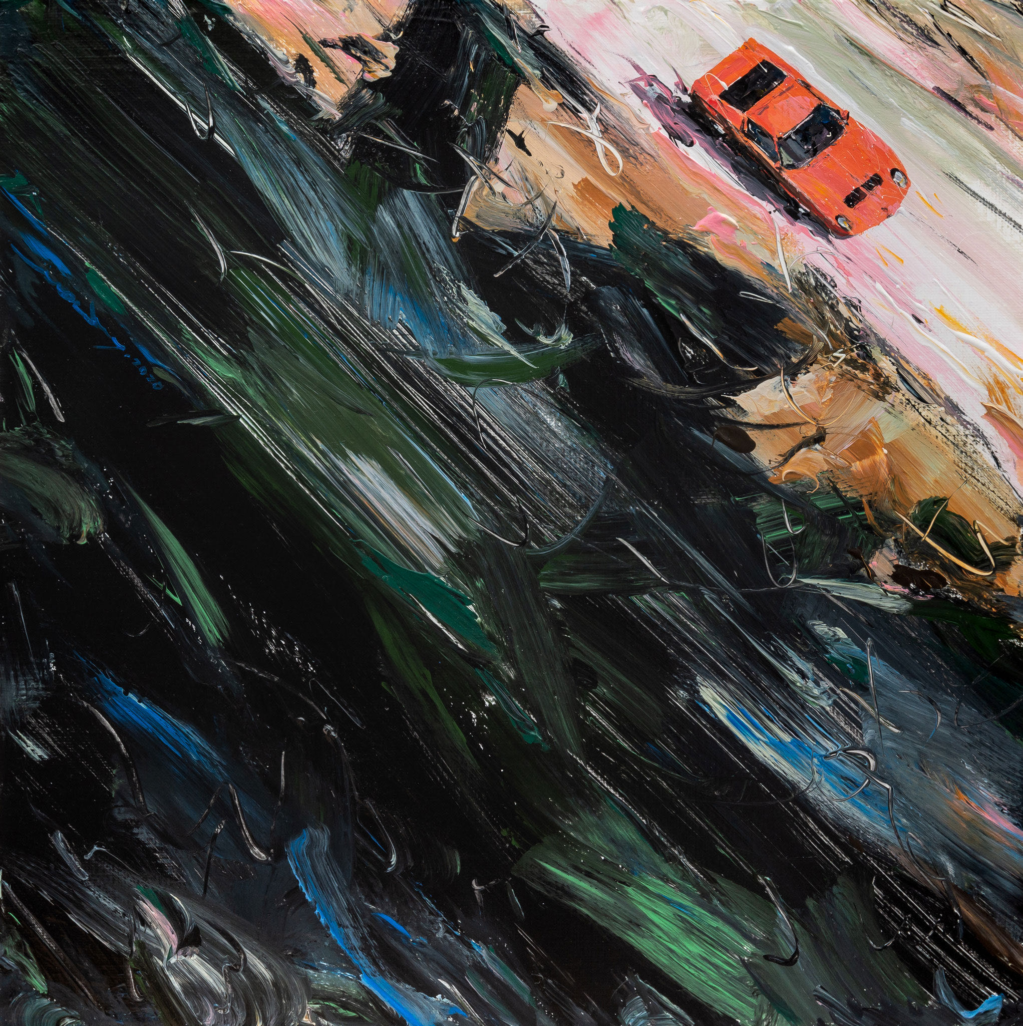 Minseok Kang 강민석 Sway in the Wind II 바람에 흔들리다 33.5×33.5cm Acrylic on Canvas 2020 Korean contemporary art automotive fine art 바람에 흔들리다 Sway in the Wind forest car painting