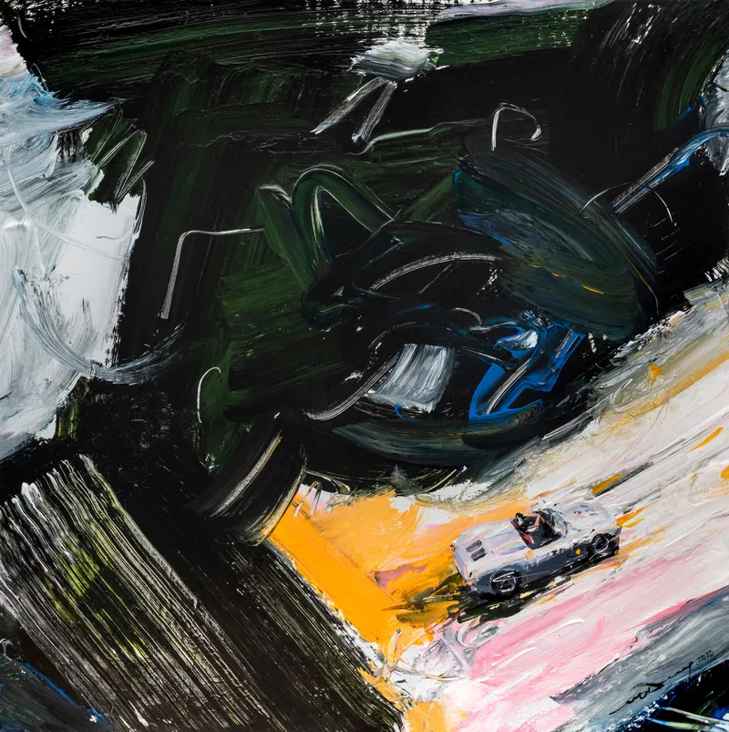 강민석 Minseok Kang, Sway in the Wind III (2020) — 어두워진 숲과 바람에 요동치는 풀잎 사이의 레이서, Acrylic on Canvas