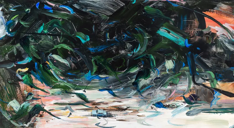 강민석 Minseok Kang, Sway in the Wind V (2020) — 어두워진 숲과 바람에 요동치는 풀잎 사이의 레이서, Acrylic on Canvas