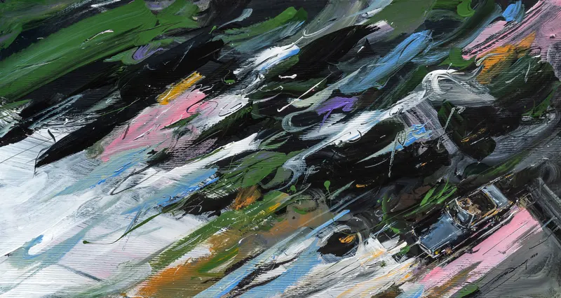 강민석 Minseok Kang, Sway in the Wind VIII (2020) — 어두워진 숲과 바람에 요동치는 풀잎 사이의 레이서, Acrylic on Canvas