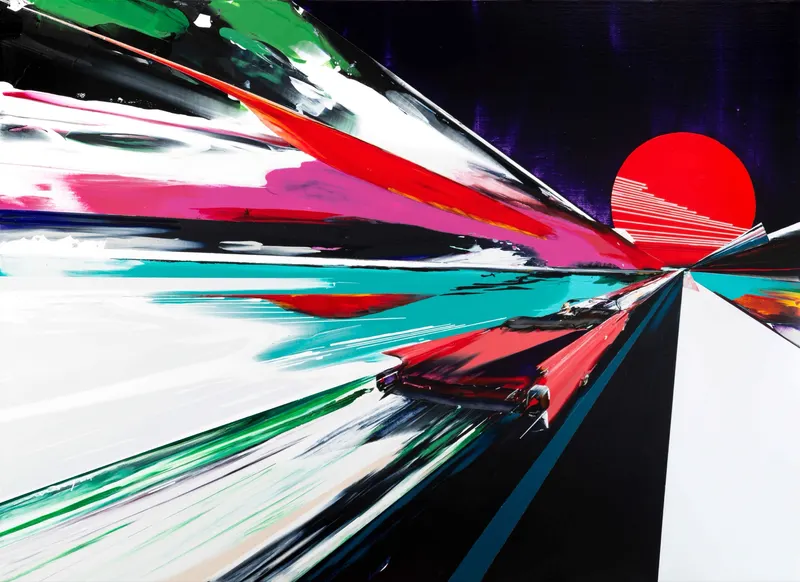 Minseok Kang, Time Horizon #01 (2024) — Acrylic layers, squeegee-scraped traces, and a car toward the horizon, Acrylic on Canvas