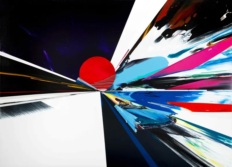 Minseok Kang, Time Horizon #02 (2024) — Acrylic layers, squeegee-scraped traces, and a car toward the horizon, Acrylic on Canvas