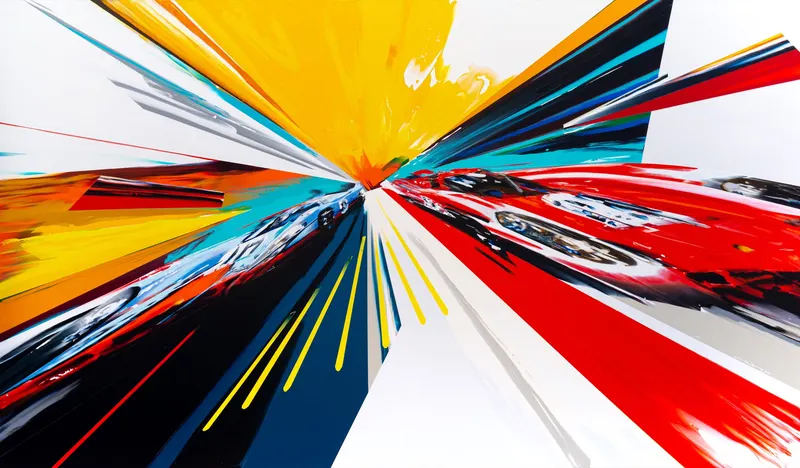 Minseok Kang, Timeleap I (2022) — A geometrically distorted car with artificial straight lines, Mixed Media Acrylic