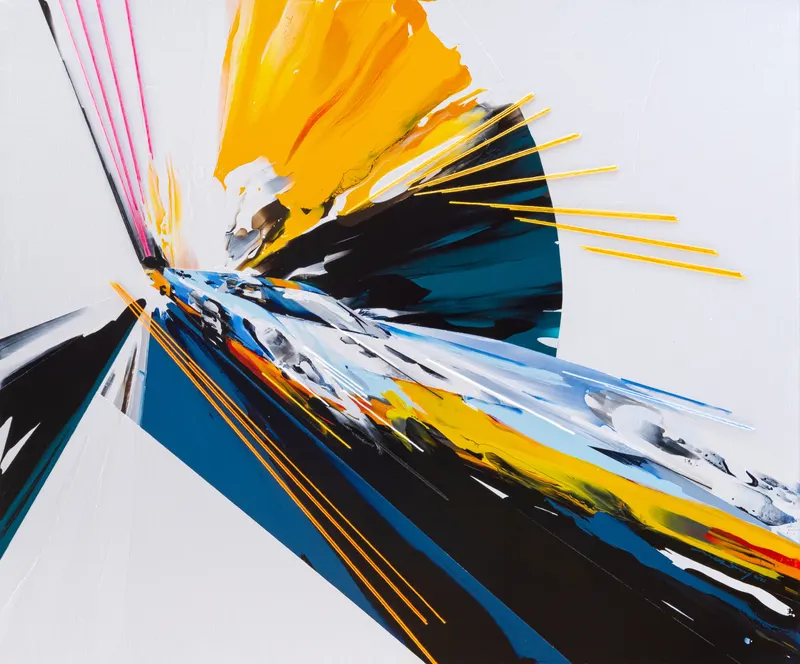Minseok Kang, Timeleap III (2022) — A geometrically distorted car with artificial straight lines, Mixed Media Acrylic Thread