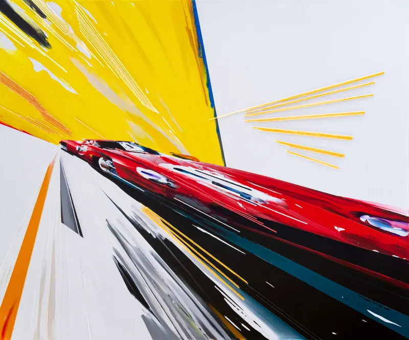 Minseok Kang, Timeleap IV (2022) — A geometrically distorted car with artificial straight lines, Mixed Media Acrylic Thread
