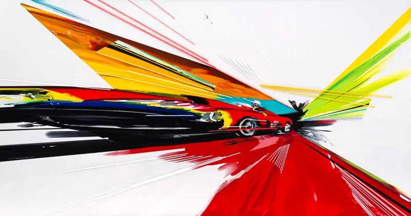 Minseok Kang, Timeleap VI (2022) — A geometrically distorted car with artificial straight lines, Mixed Media Acrylic Thread
