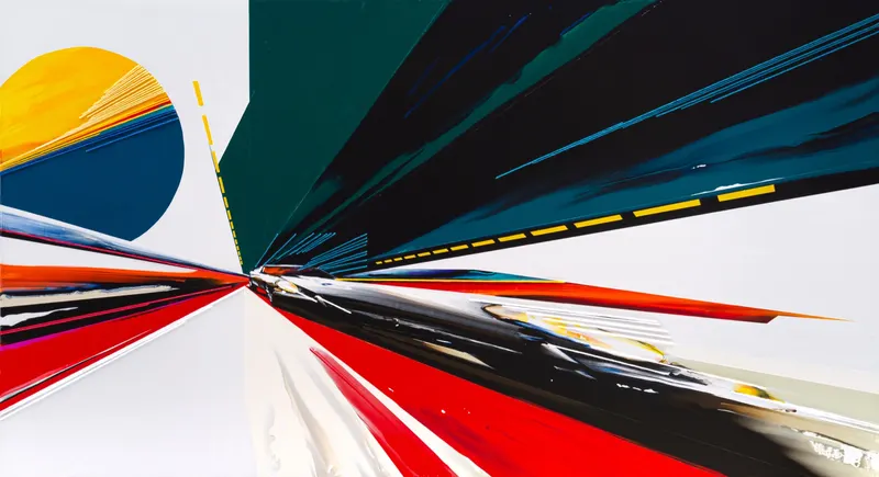 Minseok Kang, Timeleap VII (2022) — A geometrically distorted car with artificial straight lines, Mixed Media Acrylic Embroidery Floss