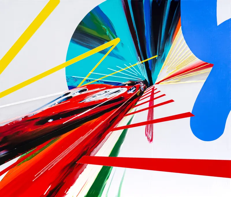 Minseok Kang, Timeleap VIII (2022) — A geometrically distorted car with artificial straight lines, Mixed Media Acrylic Thread