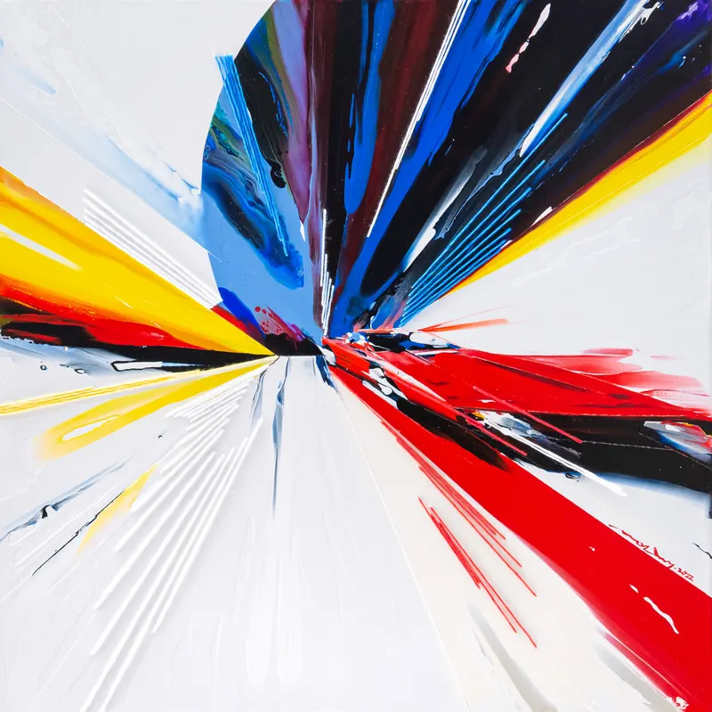 Minseok Kang, Timeleap IX (2022) — A geometrically distorted car with artificial straight lines, Mixed Media Acrylic Thread