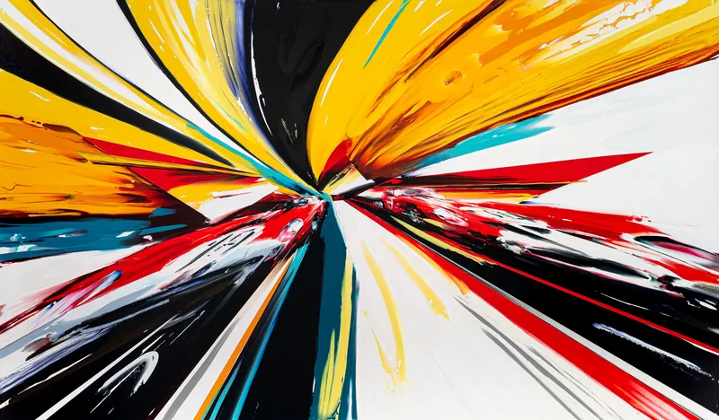 Minseok Kang, Timeleap X (2023) — A geometrically distorted car with artificial straight lines, Acrylic on Canvas