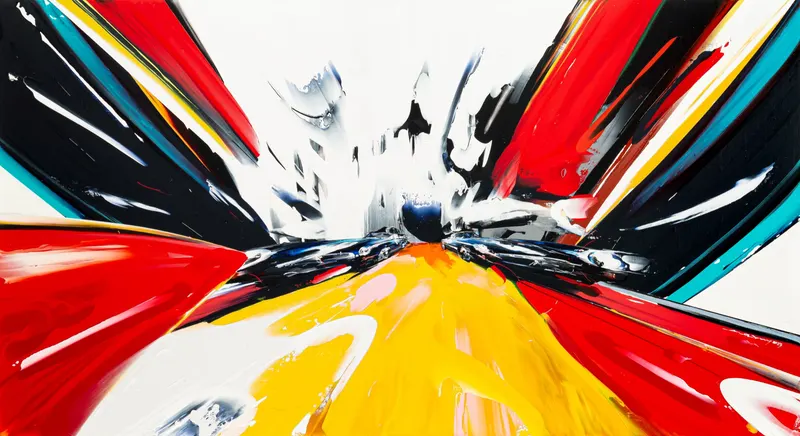 Minseok Kang, Timeleap XIV (2023) — A geometrically distorted car with artificial straight lines, Acrylic on Canvas