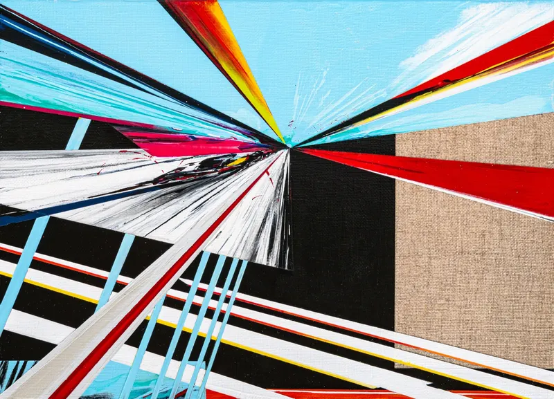 Minseok Kang, Timeleap XX (2026) — A geometrically distorted car with artificial straight lines, Acrylic on Canvas